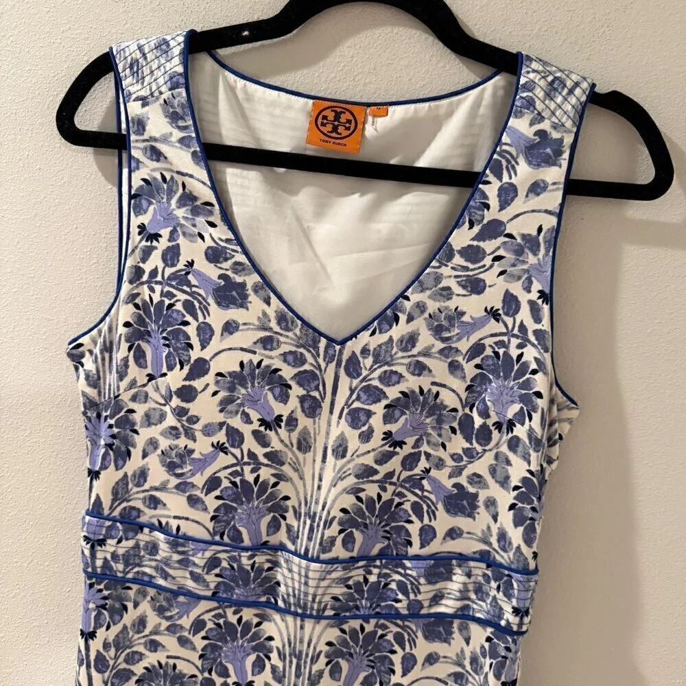 Tory Burch Women's Blue/White Silk Knee Length‎ Sleeveless Dress - Size M Medium